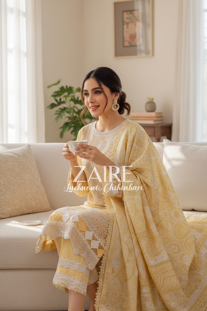 Zaire Lucknowi Chikenkari* Embroidered Slub Lawn Size