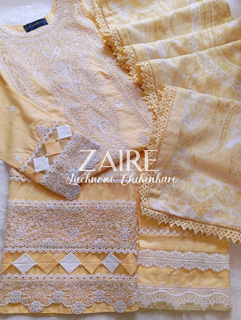 Zaire Lucknowi Chikenkari* Embroidered Slub Lawn Size