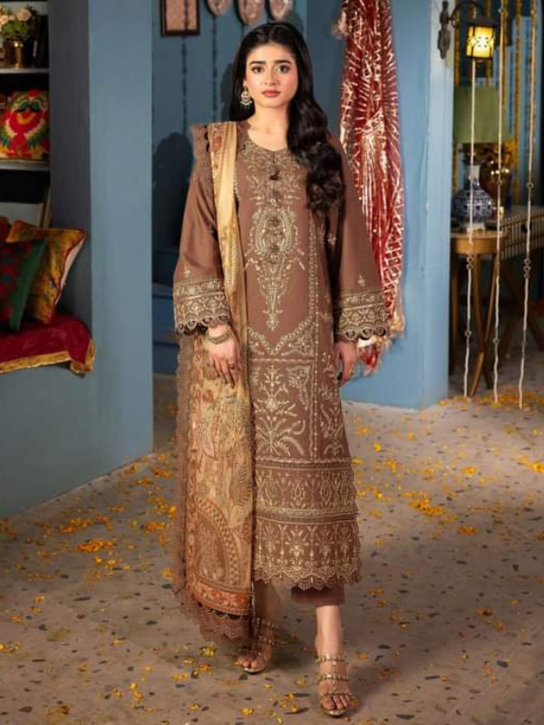 Asim Jofa Brown Embroidered Stitched Suit