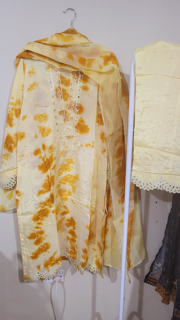 Silk tie dye - Mirror work 3piece - yellow