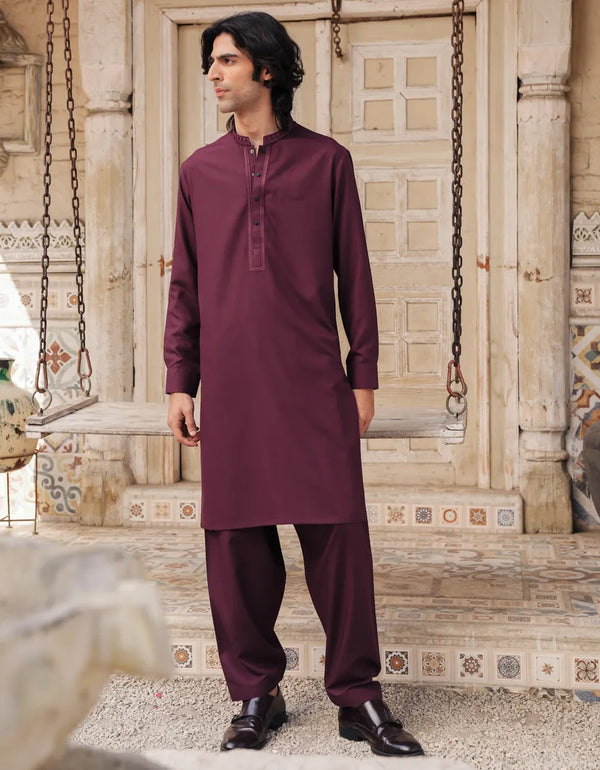 JUNAID JAMSHED MAROON BLENDED SEMI-FORMAL KAMEEZ SHALWAR-33369