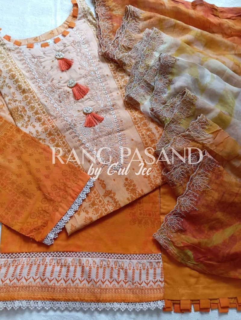 Digital printed embroidered lawn 3pc- Rang pasand