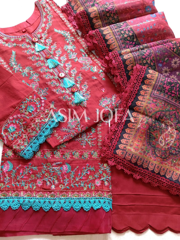 Asim Jofa Red Embroidered Stitched Suit