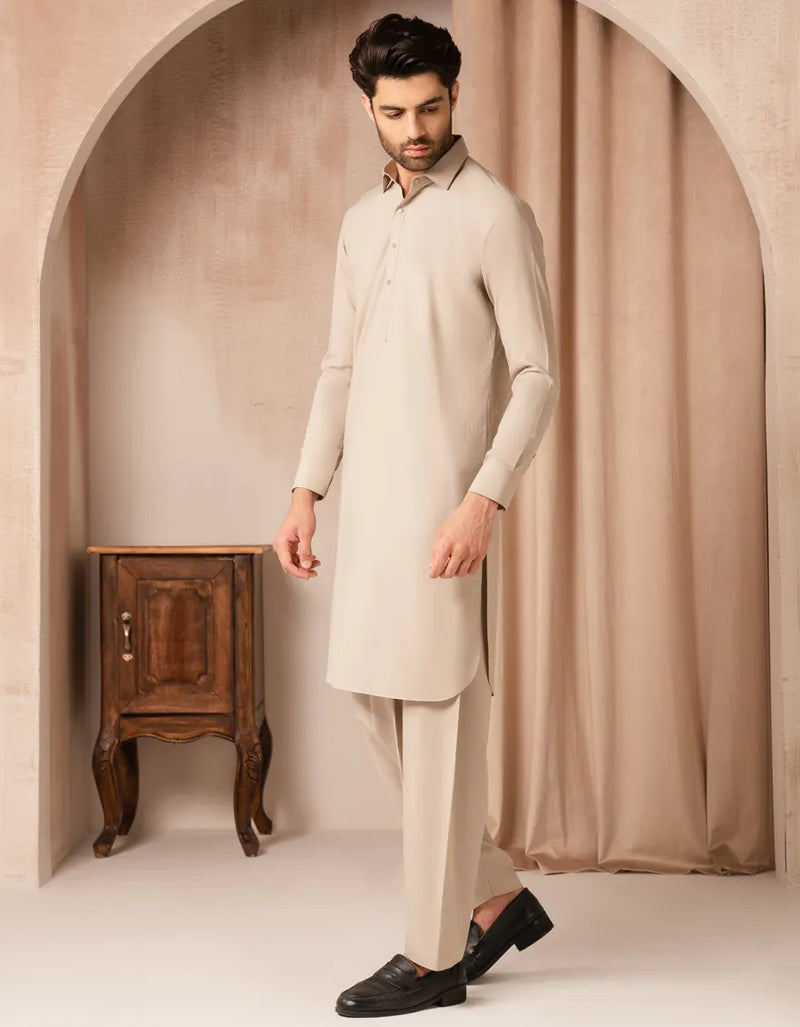 JUNAID JAMSHED BEIGE BLENDED CASUAL KAMEEZ SHALWAR-47456
