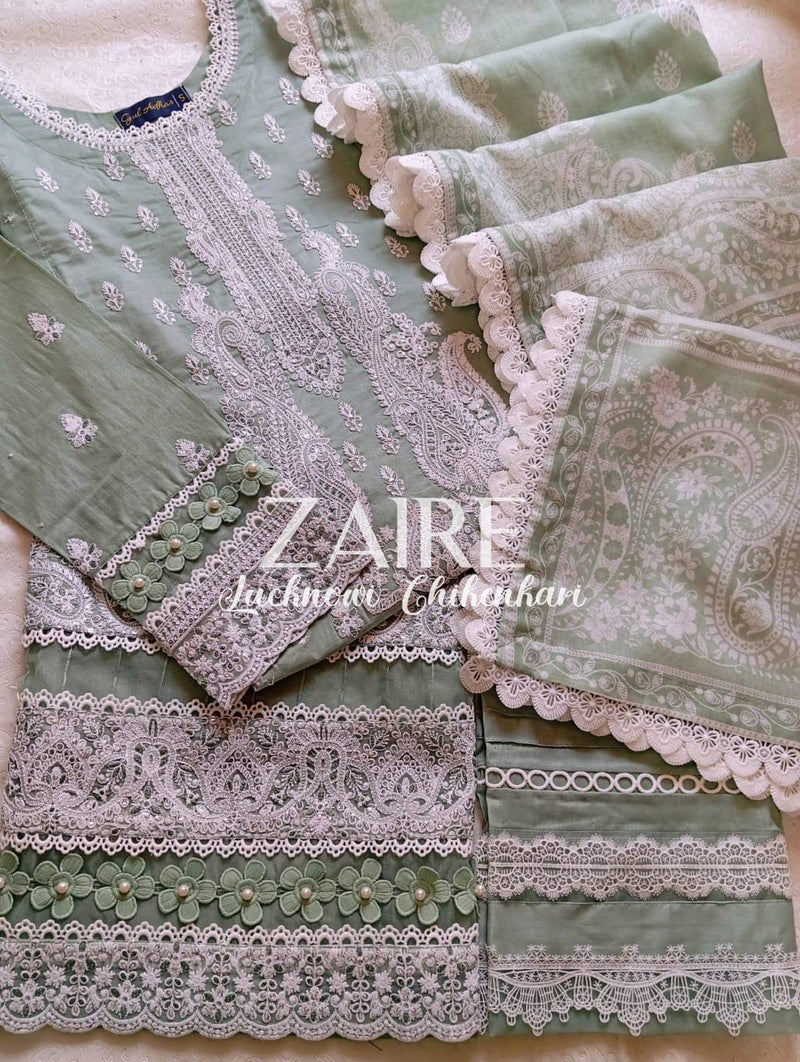 Zaire Lucknowi Chikenkari* Embroidered Slub Lawn Size