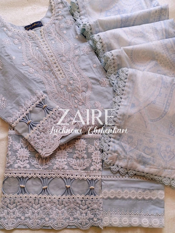 Zaire Lucknowi Chikenkari* Embroidered Slub Lawn Size