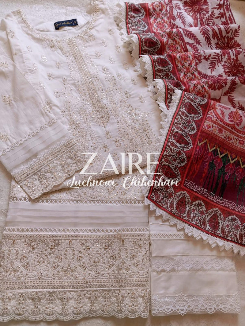 Zaire Lucknowi Chikenkari* Embroidered Slub Lawn Size