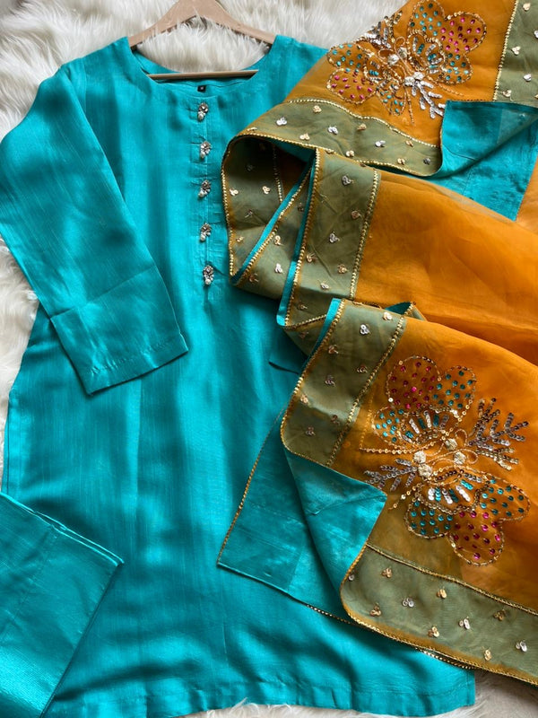 Farshi shalwar suit double shade-Seablue