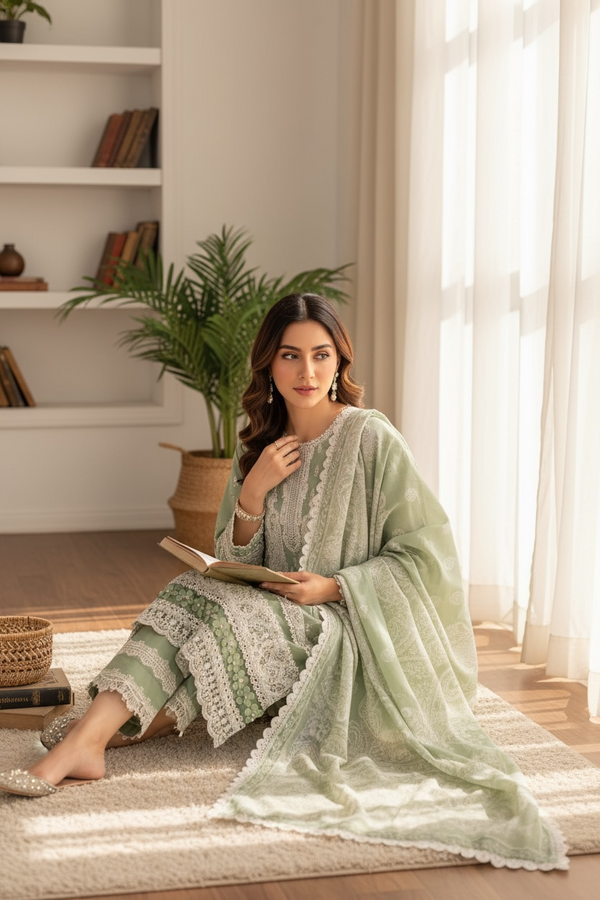 Zaire Lucknowi Chikenkari* Embroidered Slub Lawn Size