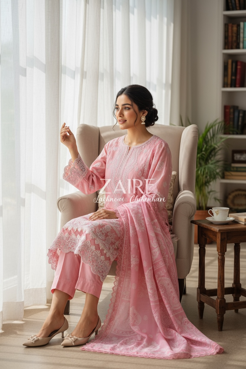 Zaire Lucknowi Chikenkari* Embroidered Slub Lawn Size