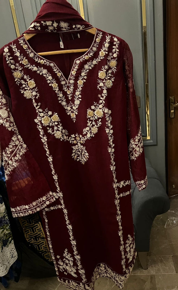 Khaadi Net -3pc -Maroon