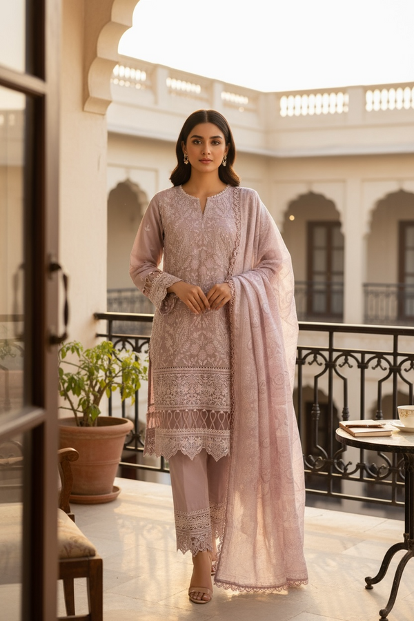 Zaire Lucknowi Chikenkari* Embroidered Slub Lawn Size