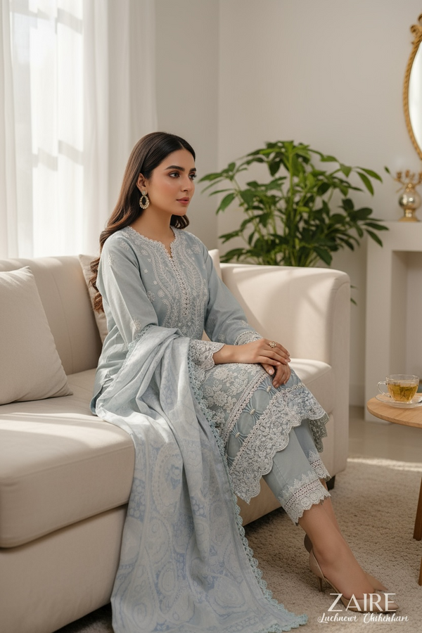 Zaire Lucknowi Chikenkari* Embroidered Slub Lawn Size