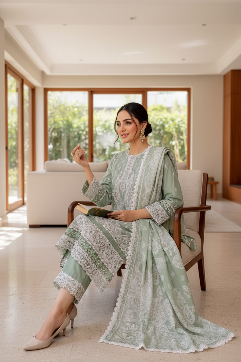 Zaire Lucknowi Chikenkari* Embroidered Slub Lawn Size