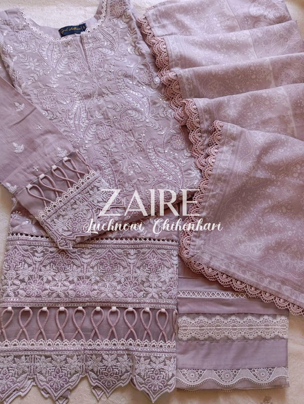 Zaire Lucknowi Chikenkari* Embroidered Slub Lawn Size