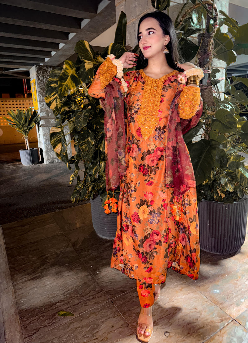 Summer Lawn frock 3pc- Orange