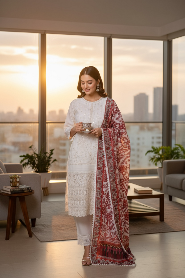 Zaire Lucknowi Chikenkari* Embroidered Slub Lawn Size