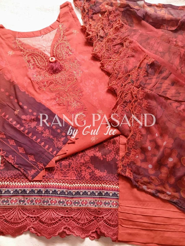 Digital printed embroidered lawn 3pc- Rang pasand