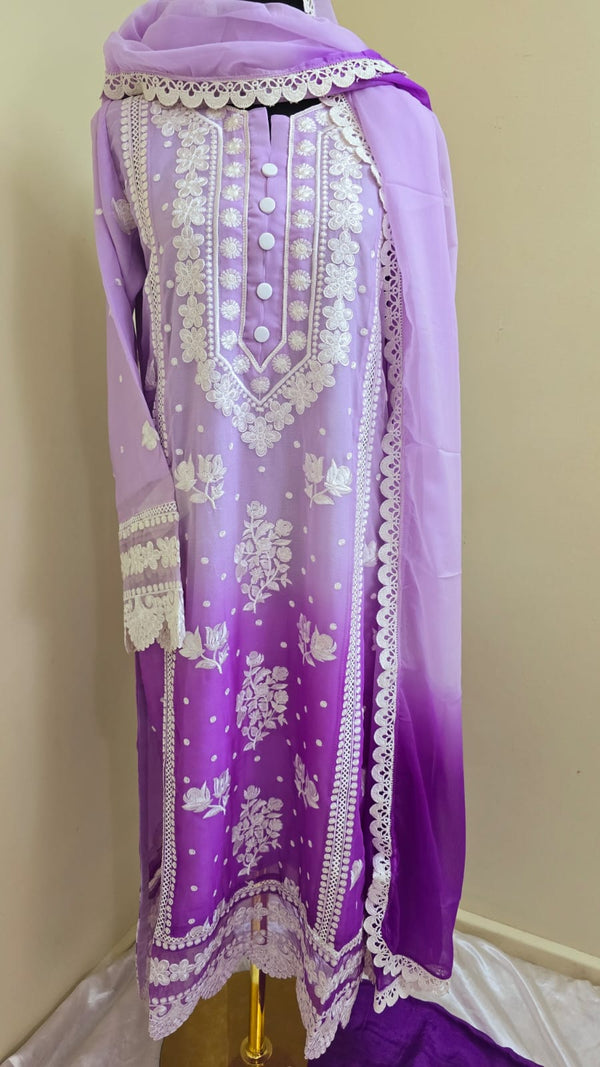 Embroidered chiffon tie and dye- 3 piece