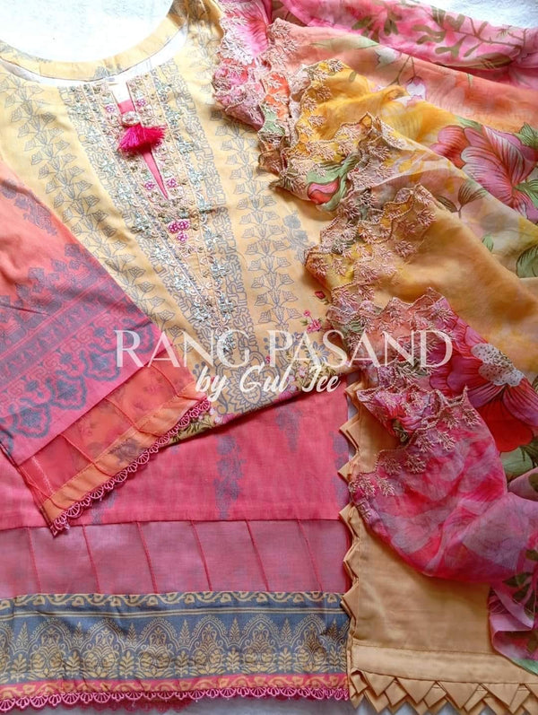 Digital printed embroidered lawn 3pc- Rang pasand