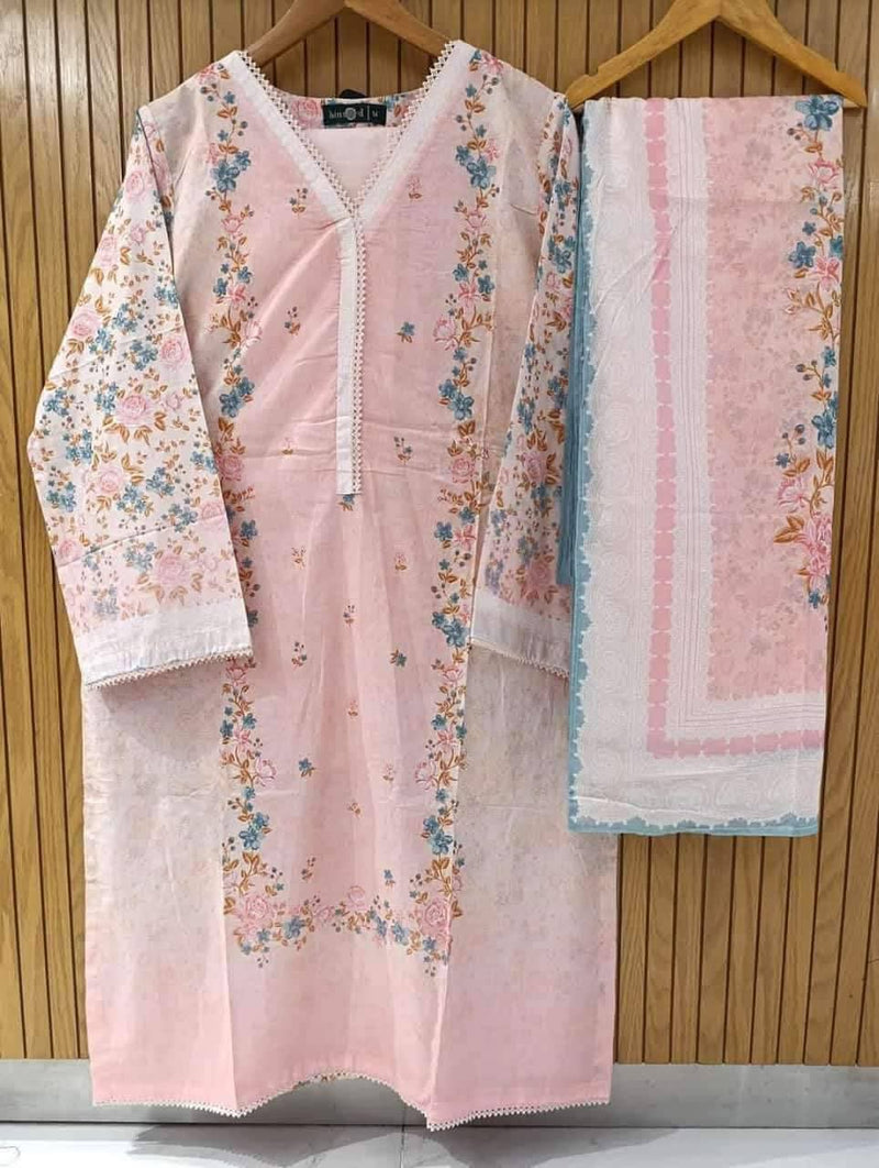 Binsaeed printed lawn - 3pc - Summer - Pink