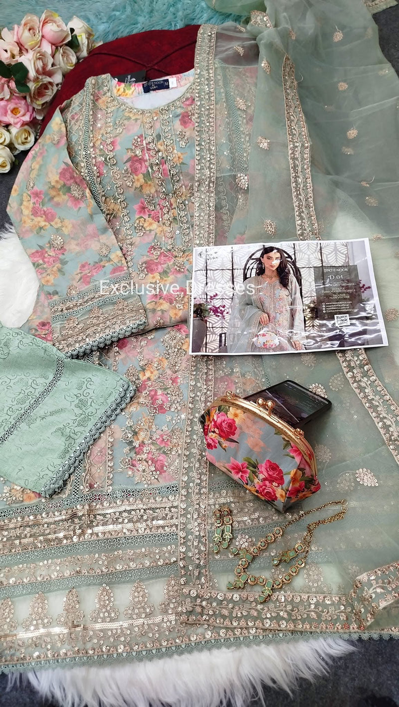 Bint e noor - Green organza - 3 piece with clutch and jewellery