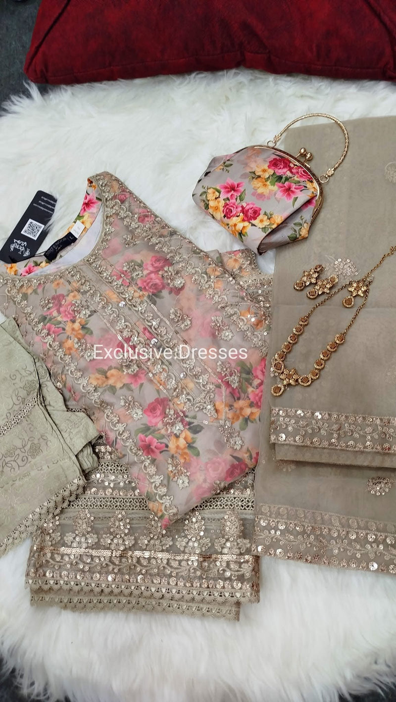 Bint e noor - Beige  organza - 3 piece with clutch and jewellery