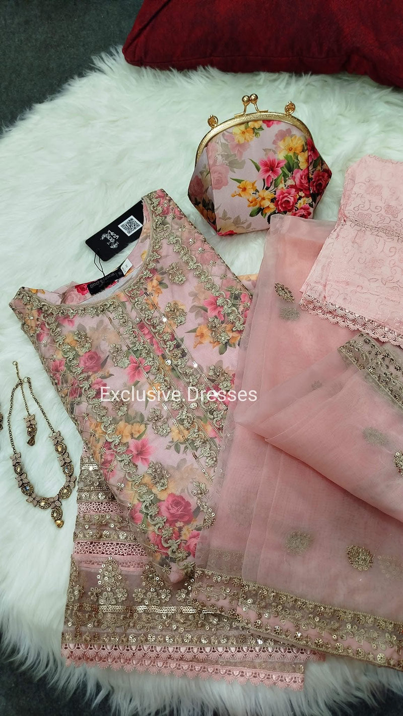 Bint e noor Pink  organza - 3 piece with clutch and jewellery