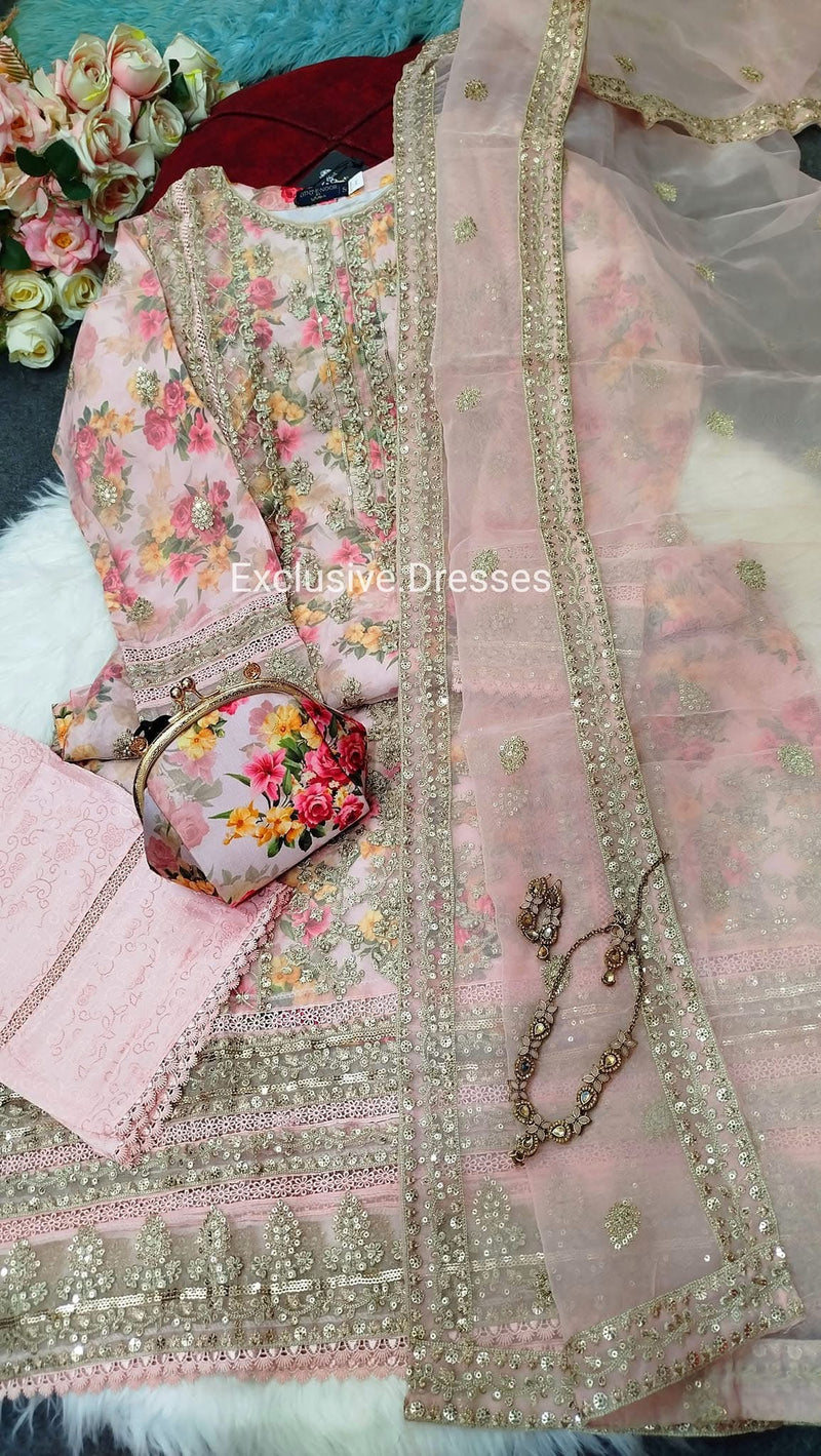 Bint e noor Pink  organza - 3 piece with clutch and jewellery