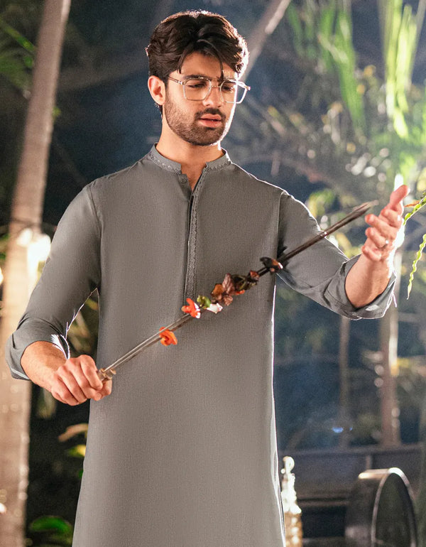 JUNAID JAMSHED GREY BLENDED SEMI-FORMAL KAMEEZ SHALWAR-50161