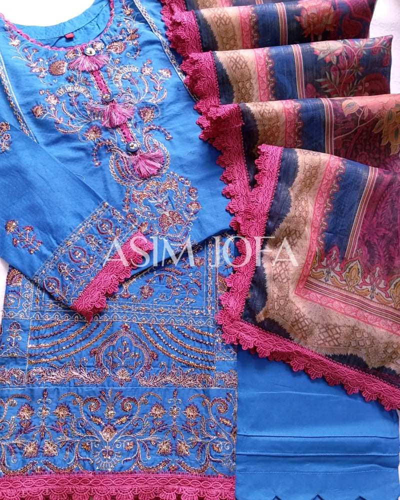 Asim Jofa Blue Embroidered Stitched Suit