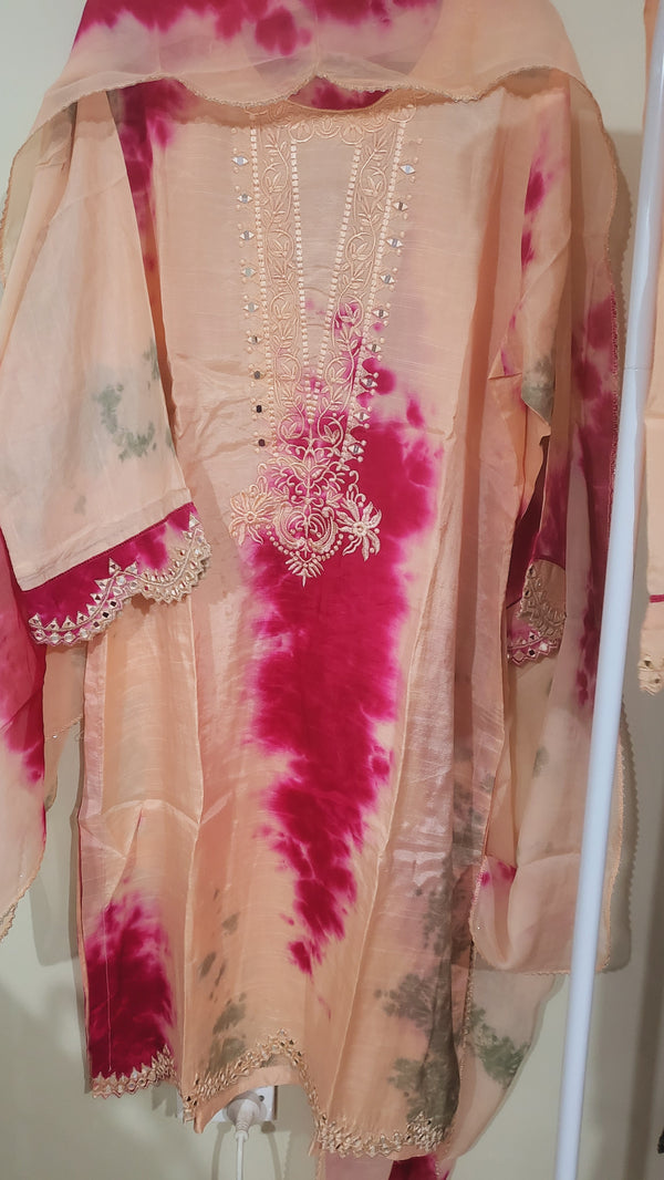 Silk tie dye - Mirror work 3piece - Peach Pink