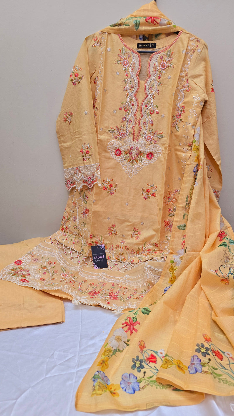 Binsaeed summer embroidered- 3pc - Yellow