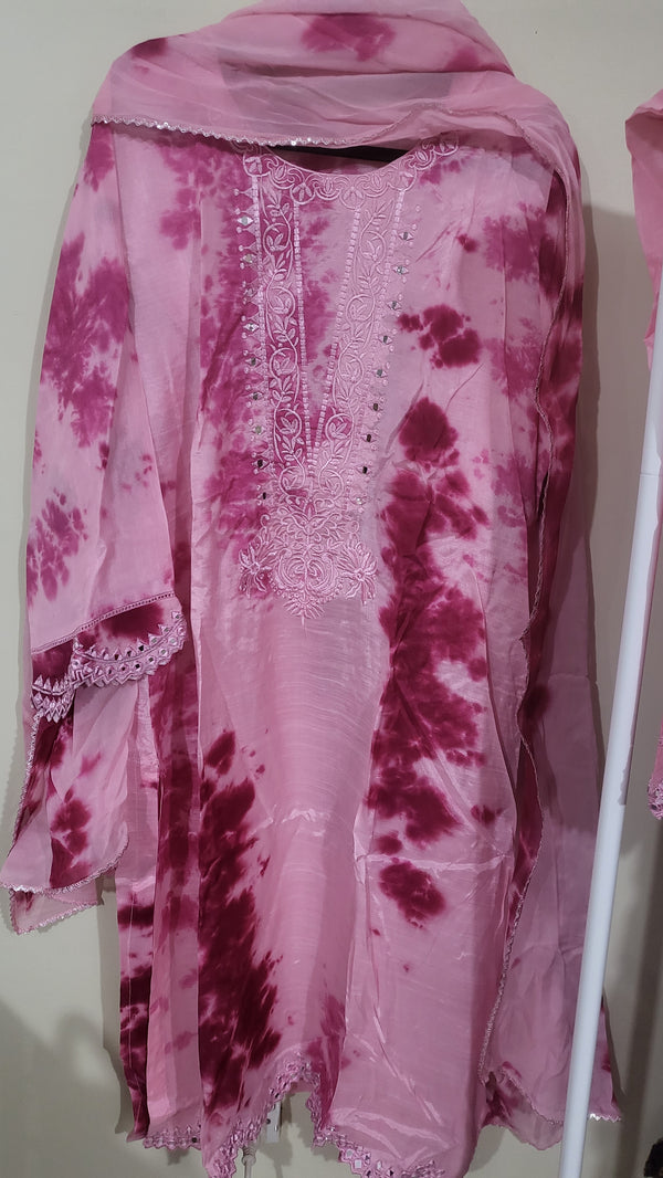 Silk tie dye - Mirror work 3piece - Pink