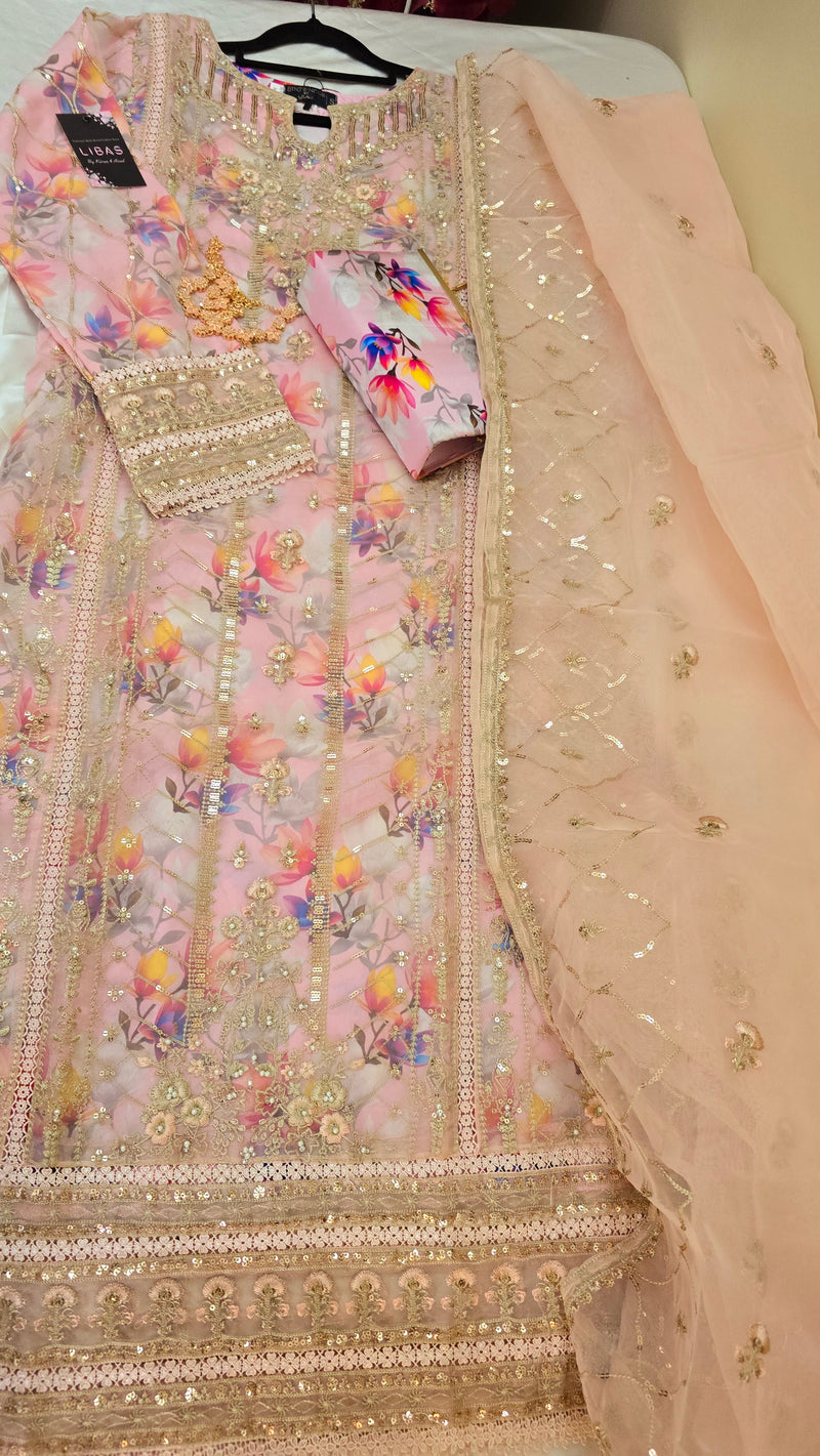 Bint e noor - pink floral organza - 3 piece with clutch and jewellery