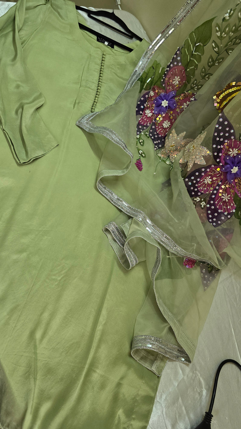 Handpainted silk - L. Green 3 piece