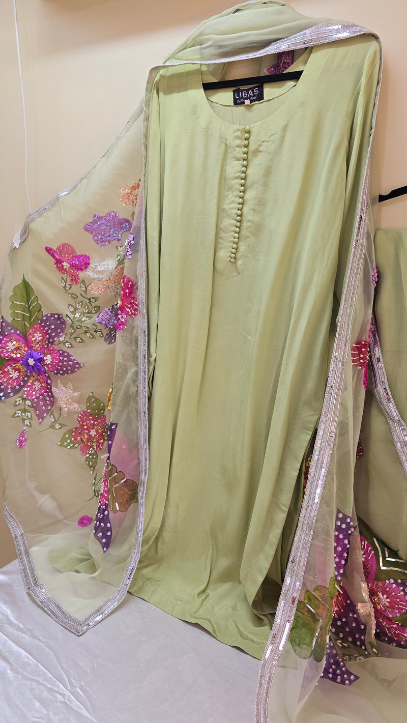 Handpainted silk - L. Green 3 piece